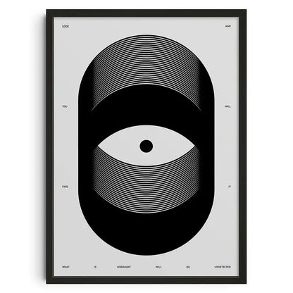 Black-framed DecorBites™ retro abstract canvas print wall art featuring a stylized white concentric eye on gray background