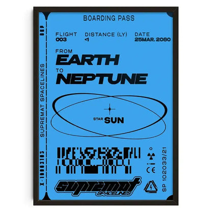 Blue framed DecorBites™ retro abstract canvas print wall art featuring stylized earth to Neptune boarding pass design