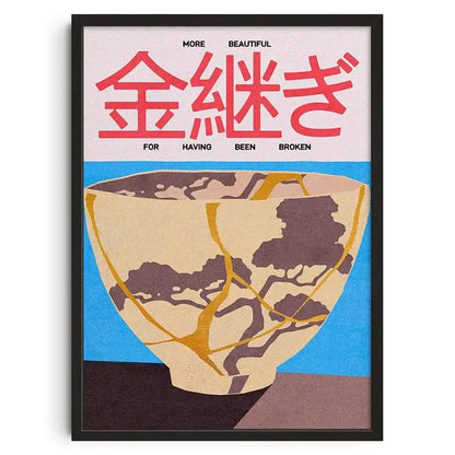 A decorbites™ retro abstract canvas print wall art of a beige ceramic bowl with gold repair lines on blue background