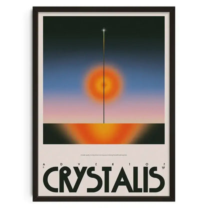 A DecorBites™ retro abstract canvas print wall art featuring a glowing orange orb and bold black text adventure of crystalis 77