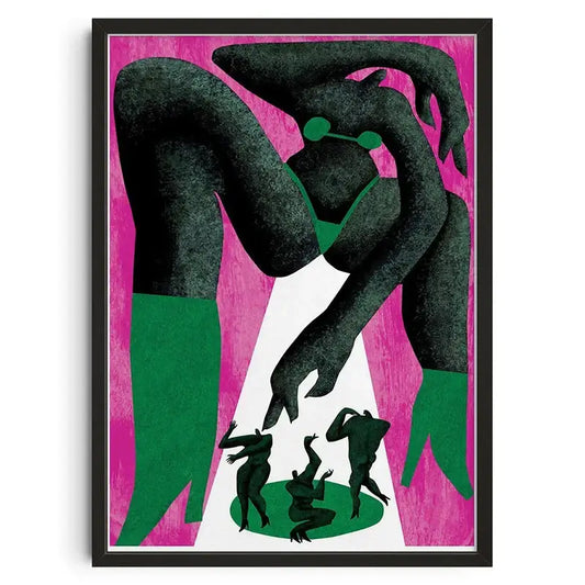 A framed decorbites™ retro abstract canvas print wall art featuring a green and black stylized figure on pink background