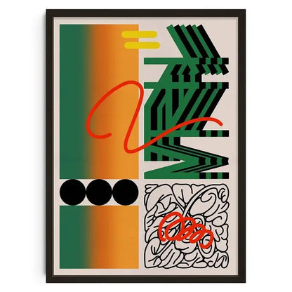 Decorbites™ retro abstract canvas print wall art with bold green orange gradients and red geometric accents in black frame