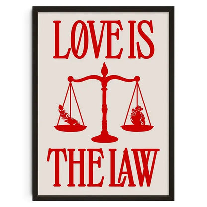 Red love is the law framed poster with a scale and heart design on retro abstract canvas print wall art by decorbites