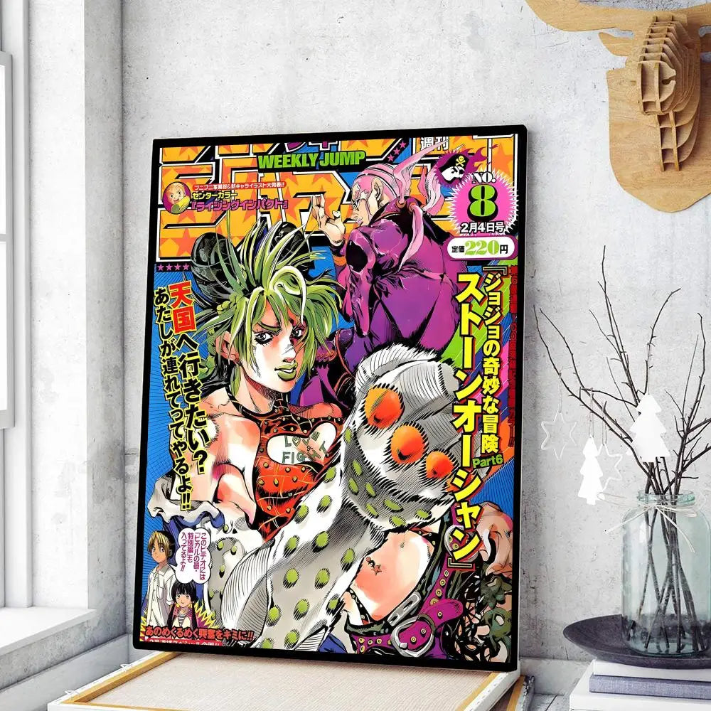 Vibrant jojo’s bizarre adventure anime magazine poster with bold colorful artwork and dynamic characters for wall decoration
