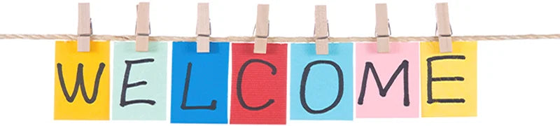 Colorful sticky note letters spelling welcome clipped to a string with clothespins for jojo’s bizarre adventure decor