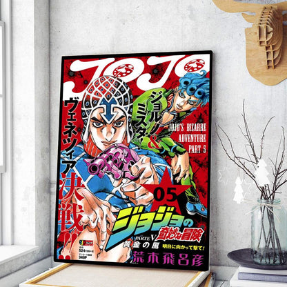 A vibrant red and black framed jojo’s bizarre adventure poster featuring dynamic colorful character illustrations and bold japanese text