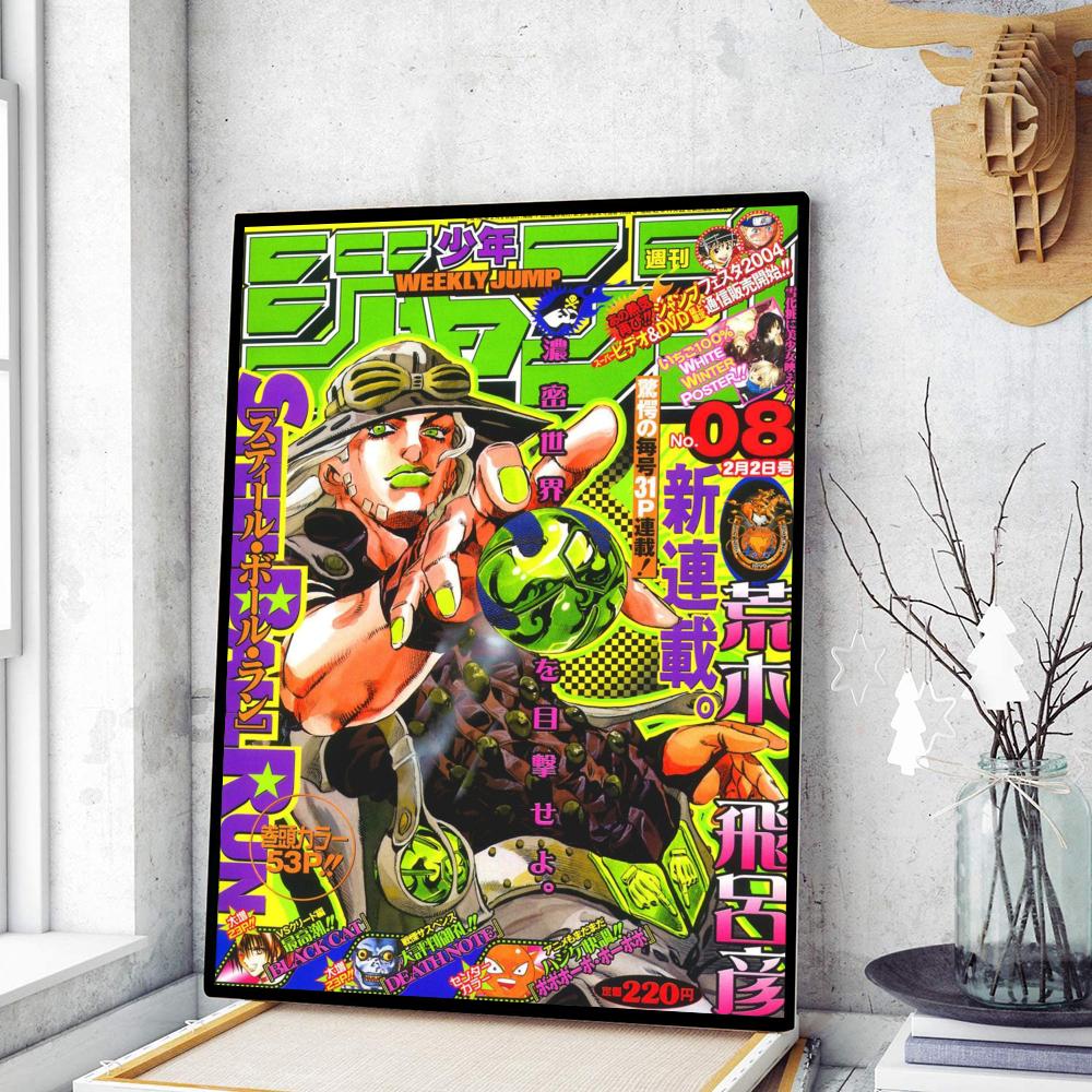 Vibrant green and orange manga poster featuring a character in goggles with bold japanese text for jojo’s bizarre adventure decor