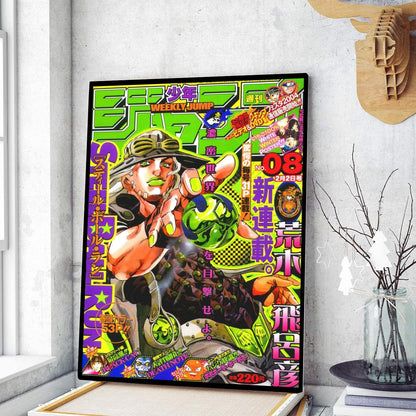 Vibrant green and orange manga poster featuring a character in goggles with bold japanese text for jojo’s bizarre adventure decor