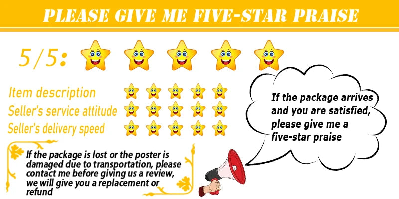 Yellow cartoon star rating graphic with smiling faces for customer feedback on decorbites retro anime jojo’s bizarre adventure posters