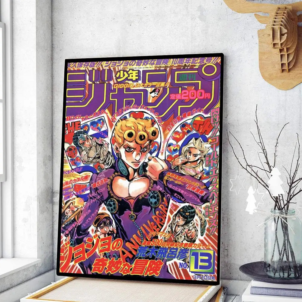 Vibrant purple and pink framed decorbites™ retro anime jojo’s bizarre adventure wall poster with bold japanese text and colorful characters