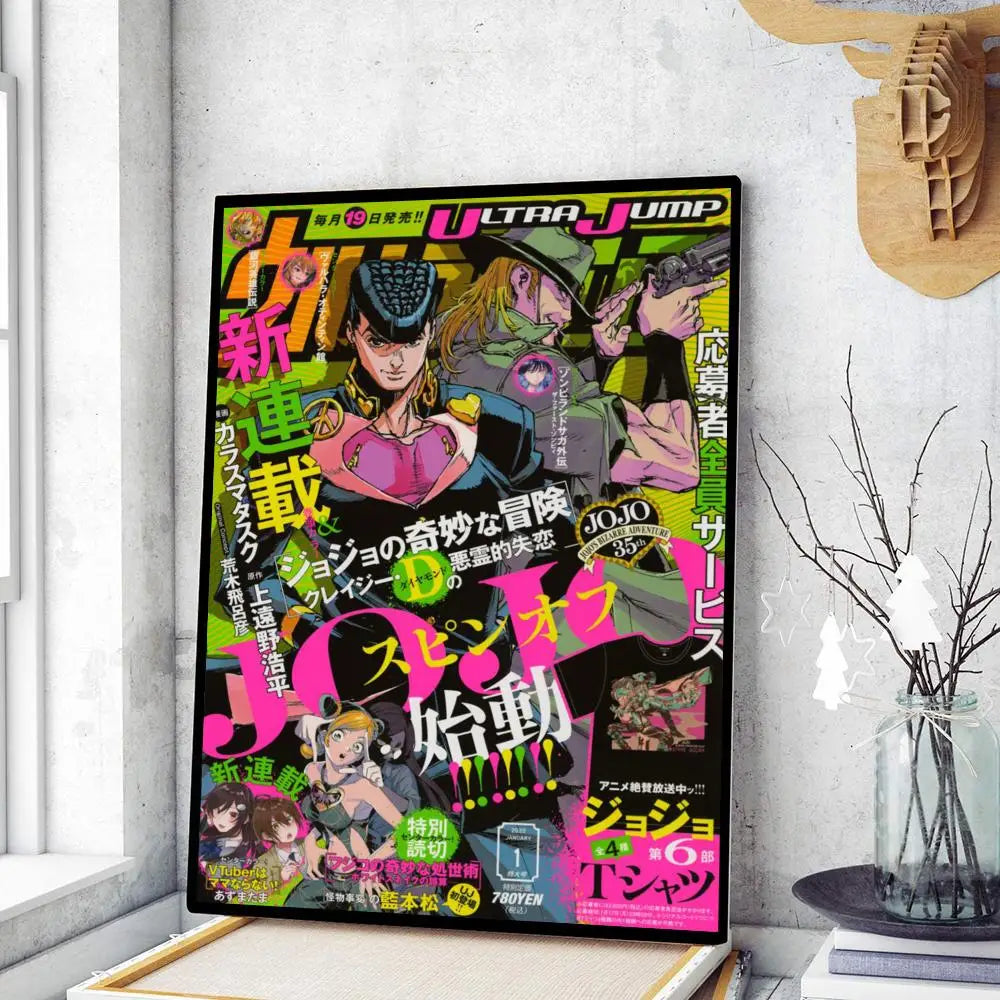 Vibrant pink and black framed decorbites retro anime jojo wall poster featuring jojo’s bizarre adventure characters in action