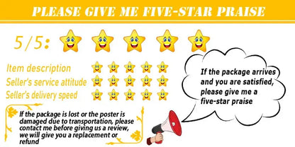 Yellow cartoon star rating graphic with smiling faces for customer feedback on decorbites retro anime jojo’s bizarre adventure posters