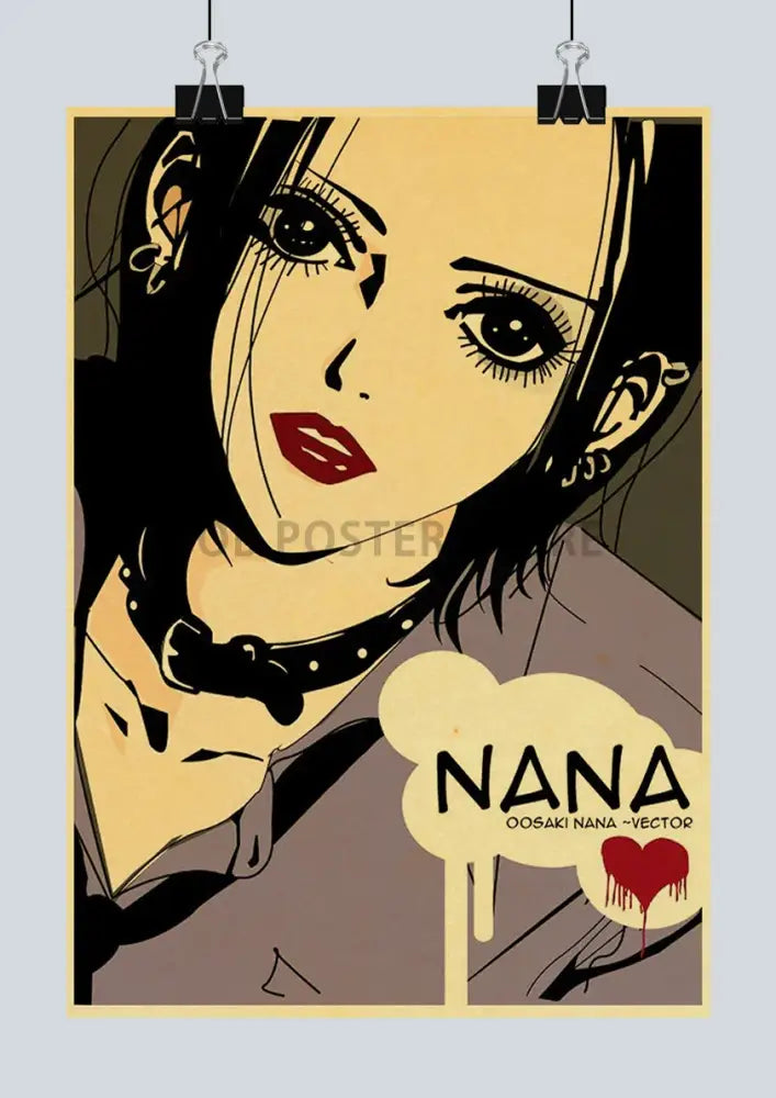A stylized decorbites™ retro anime nana kraft poster featuring a woman with black hair red lips and multiple earrings in yellow and brown tones
