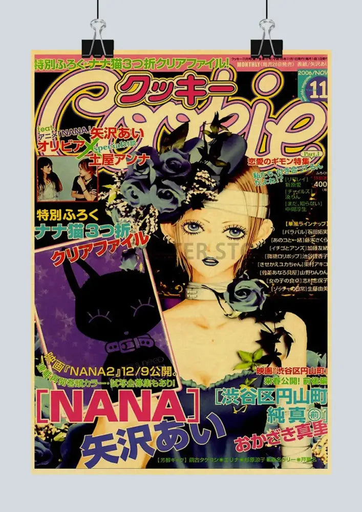 Vibrant retro anime nana kraft poster featuring stylized blonde anime girl with black rose headdress on purple background
