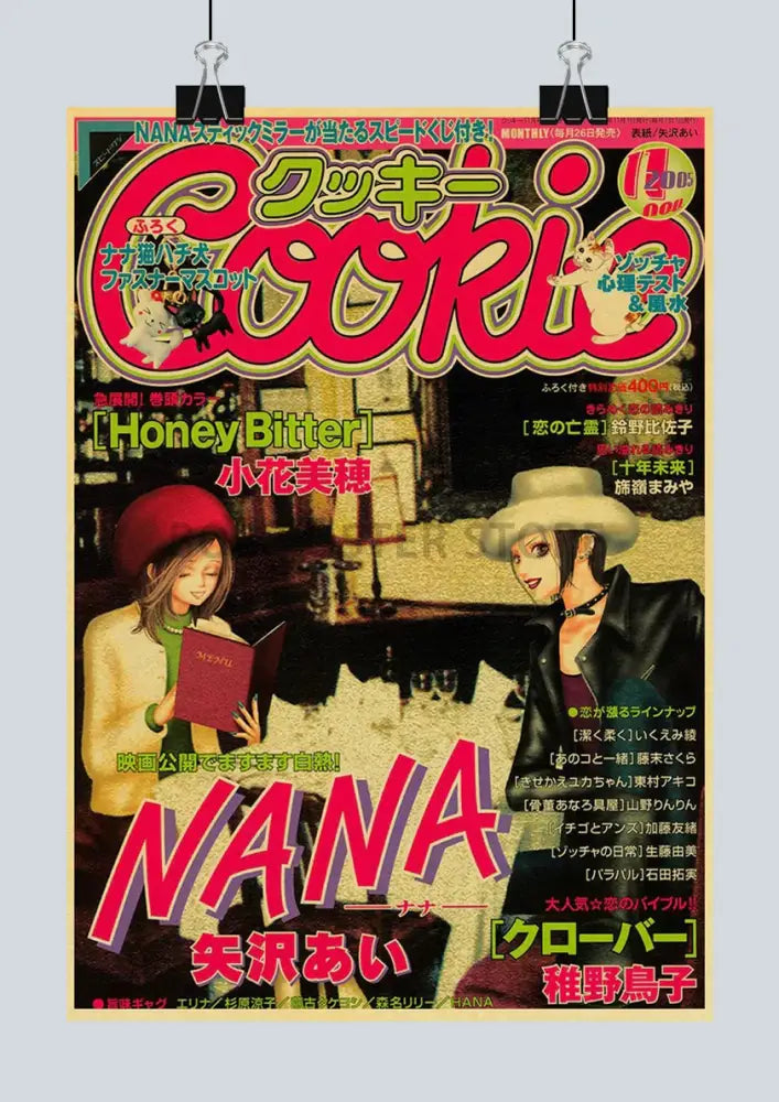A vibrant retro anime nana kraft poster sticker featuring two illustrated characters with bold red and pink japanese typography