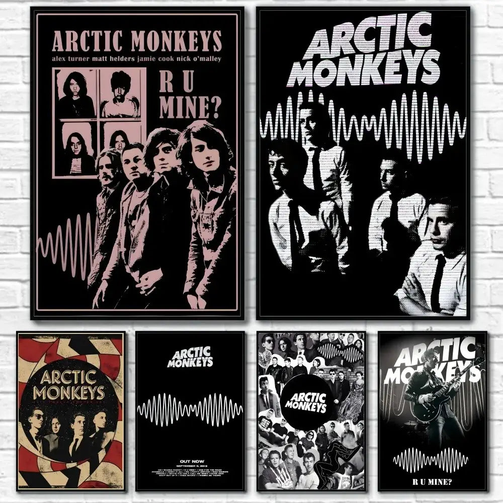 Set of five retro arctic monkeys black and white wall art posters with vintage wave patterns and r u mine album title