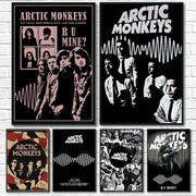 Set of five retro arctic monkeys black and white wall art posters with vintage wave patterns and r u mine album title