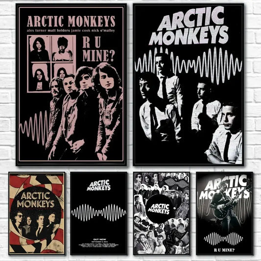Set of five retro arctic monkeys black and white wall art posters with vintage wave patterns and r u mine album title