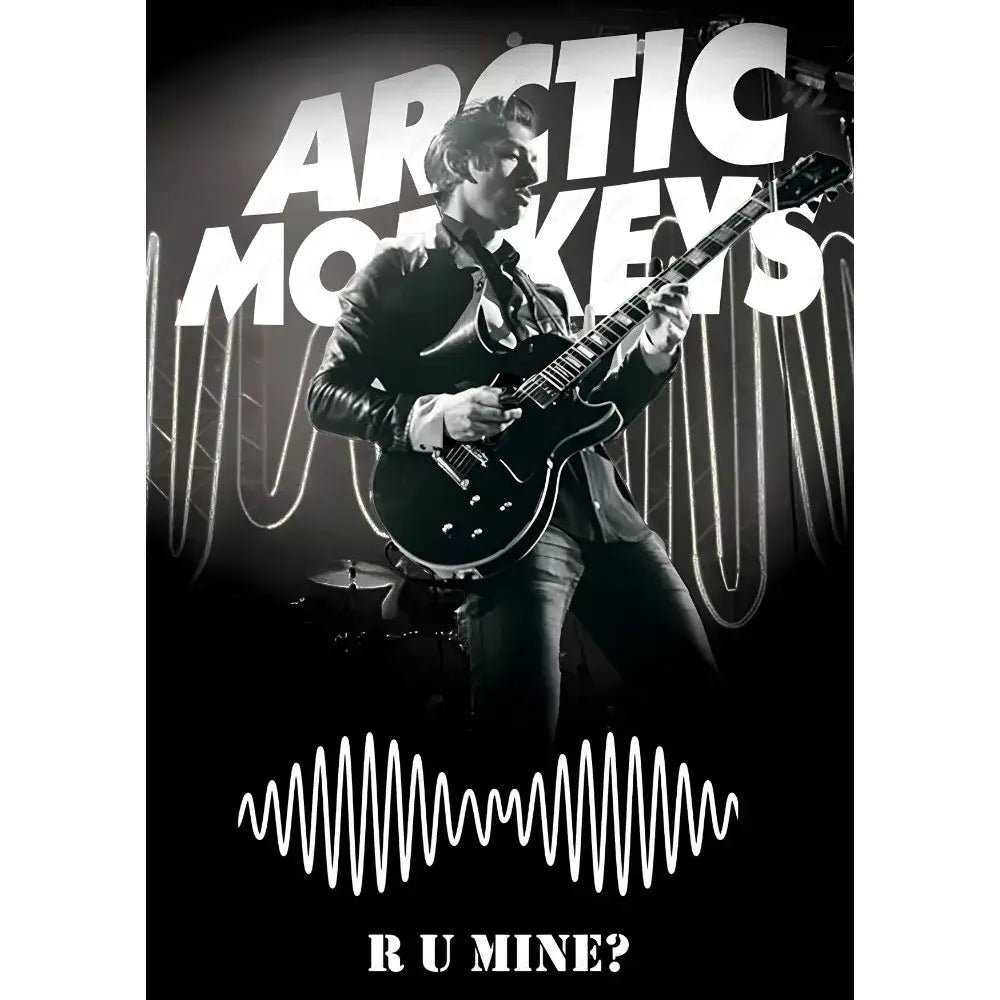 Black electric guitar with glossy finish and white pickguard held by musician in leather jacket in retro arctic monkeys wall art
