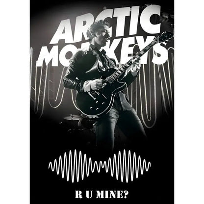 Black electric guitar with glossy finish and white pickguard held by musician in leather jacket in retro arctic monkeys wall art