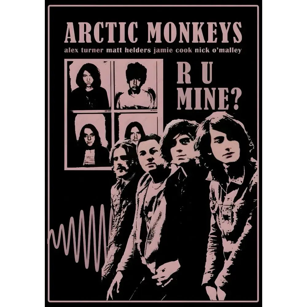 Pink and black stylized retro arctic monkeys wall art poster with wave-patterned band member design waterproof decor
