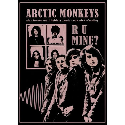 Pink and black stylized retro arctic monkeys wall art poster with wave-patterned band member design waterproof decor