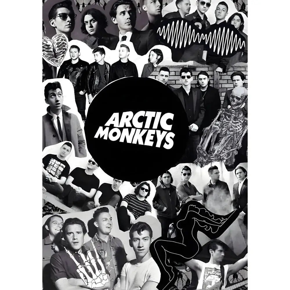 Black circular logo wall art with bold white arctic monkeys text for retro arctic monkeys waterproof poster