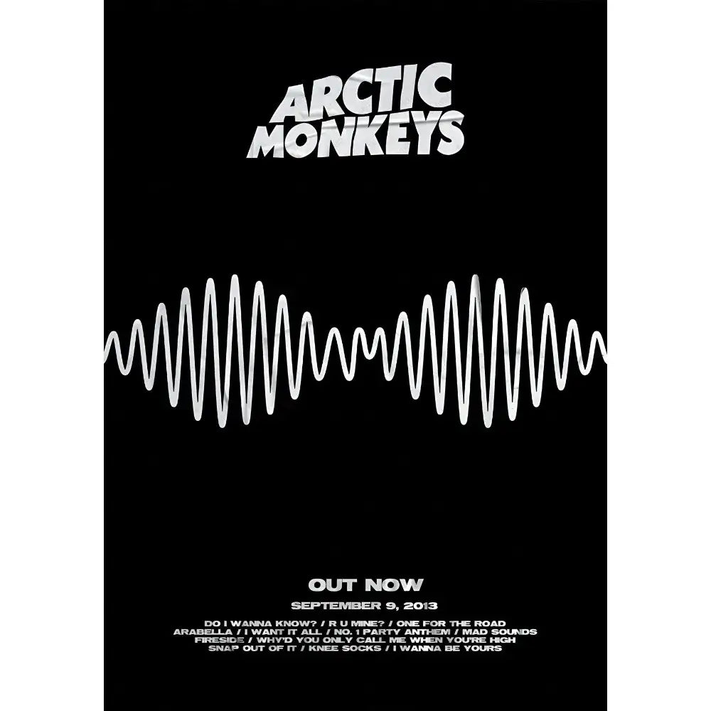 Black waterproof wall art poster with white text and waveform design featuring retro arctic monkeys singer decorbites