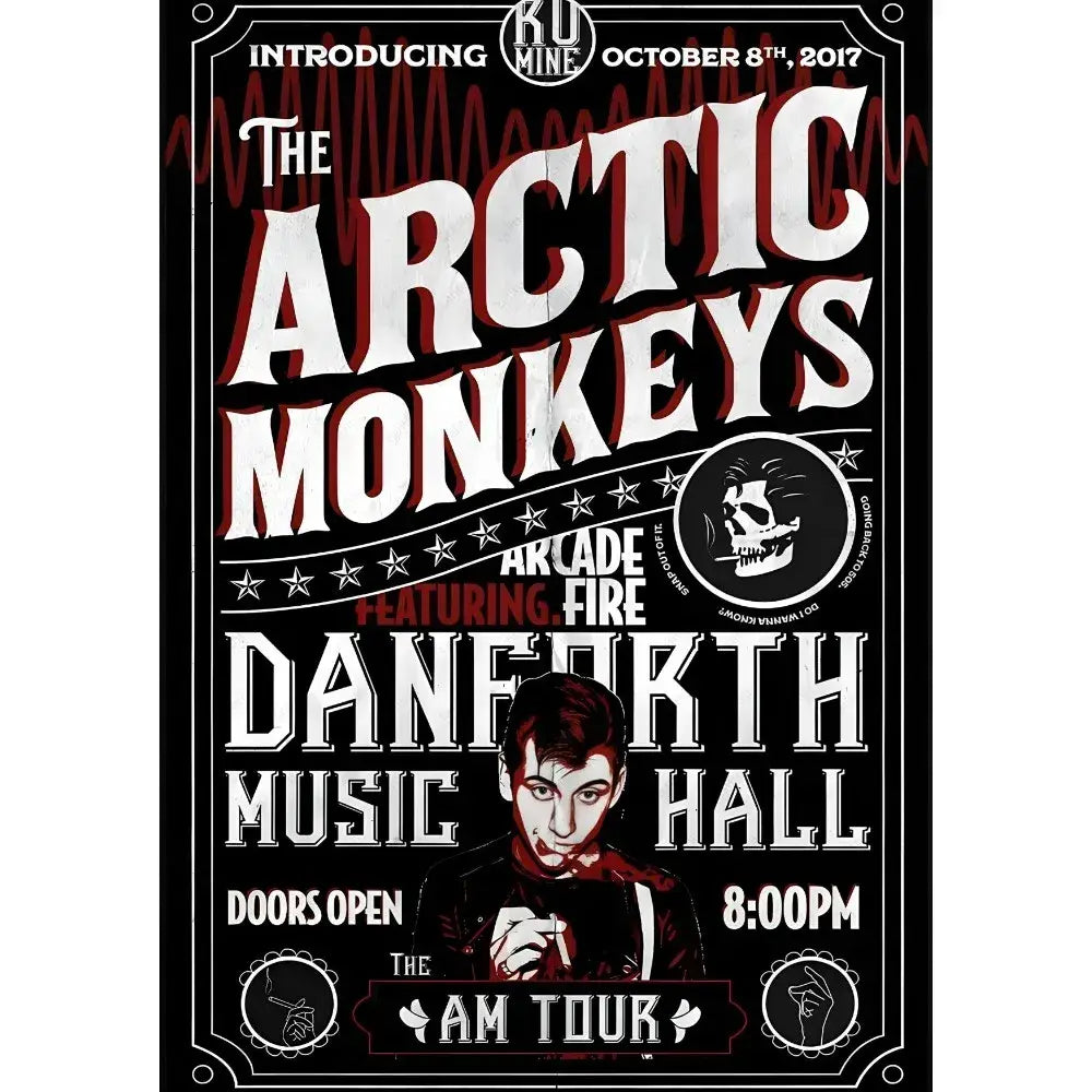 Black and white retro arctic monkeys wall art poster with red accents promoting 2017 danforth music hall tour waterproof