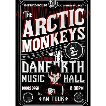 Black and white retro arctic monkeys wall art poster with red accents promoting 2017 danforth music hall tour waterproof