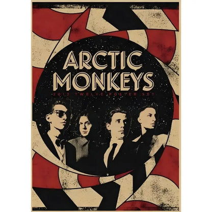 Vintage-style DecorBites™ retro Arctic Monkeys wall art featuring a circular band portrait on red black beige geometric background