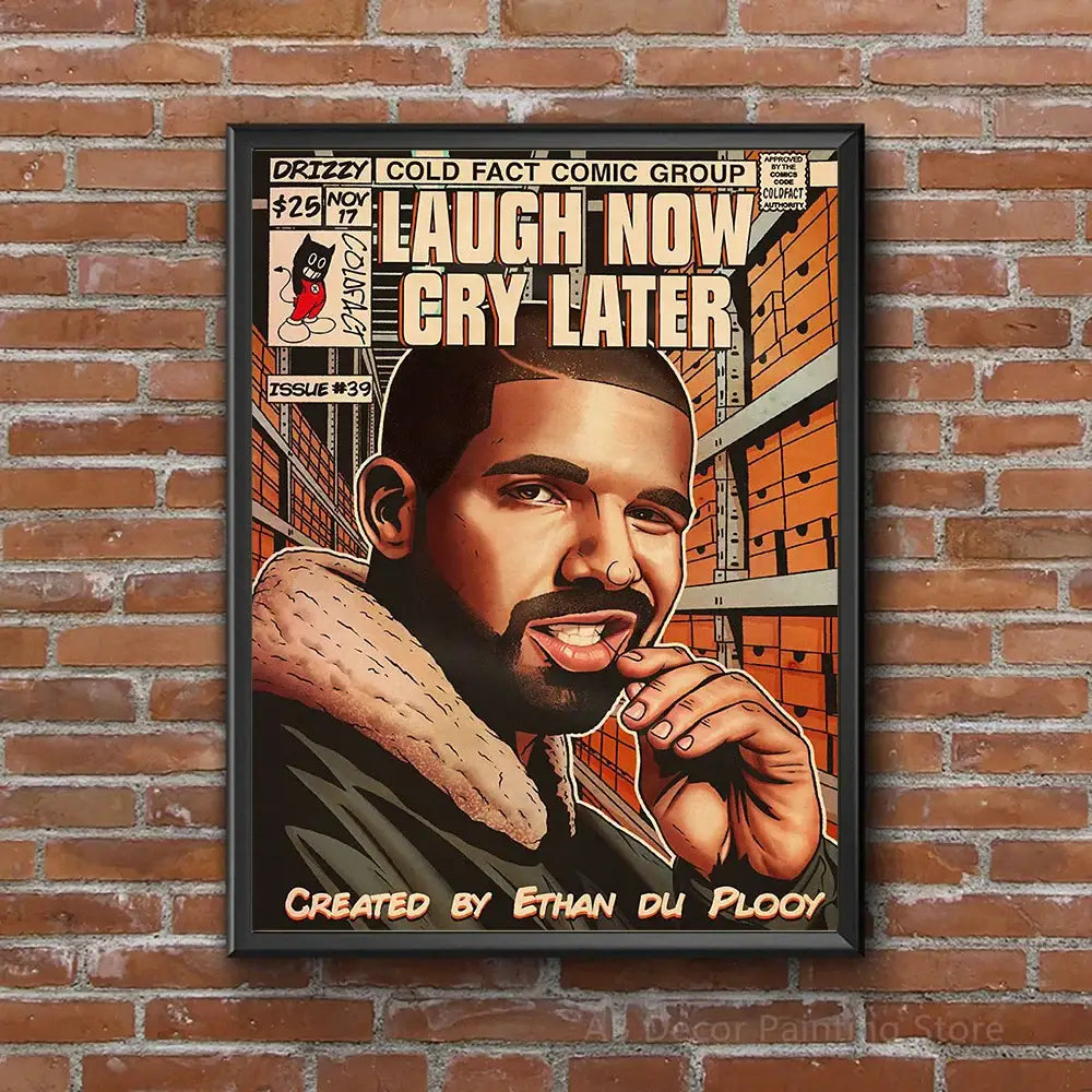 Black-framed decorbites™ retro canvas print of a hip hop singer drake in dark jacket with fur collar on orange warehouse background