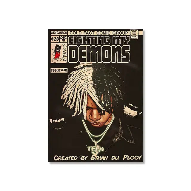 Black and white decorbites™ retro canvas print of a hip hop singer with split-dye dreadlocks and silver chain necklace