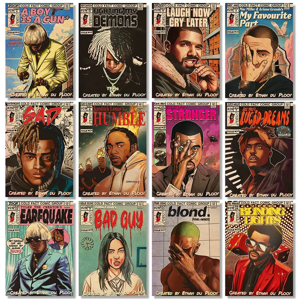 Decorbites™ retro canvas print features vintage-style hip hop singer comic book covers with bold retro artwork