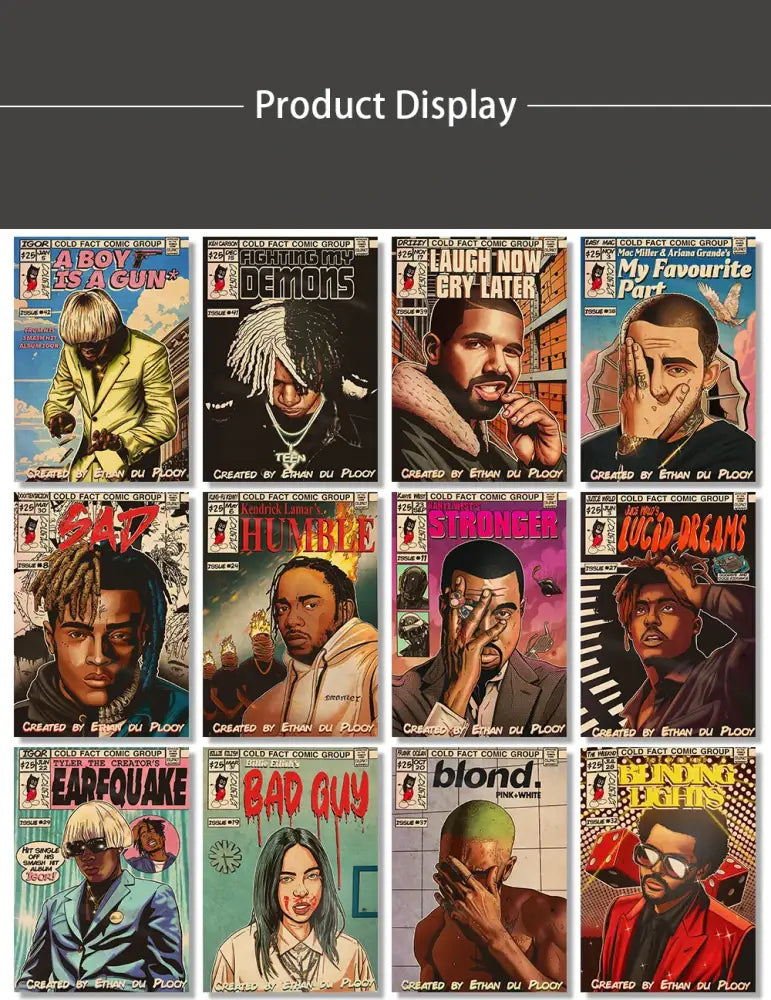 A collection of ten vibrant hip hop singer posters on glossy paper featured in decorbites retro canvas print