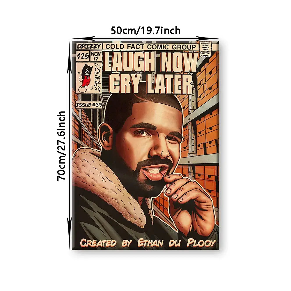 Decorbites™ retro canvas print rectangular magnet featuring a stylized hip hop singer drake in black brown and orange tones