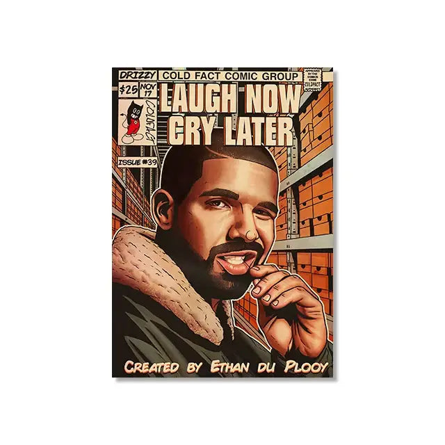 Comic book cover of hip hop singer drake in dark jacket with fur hood on decorbites™ retro canvas print product