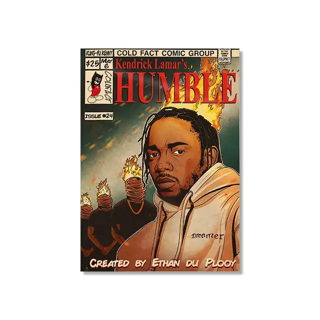 Decorbites™ retro canvas print of a hip hop singer album cover featuring kendrick lamar in white hoodie with flames
