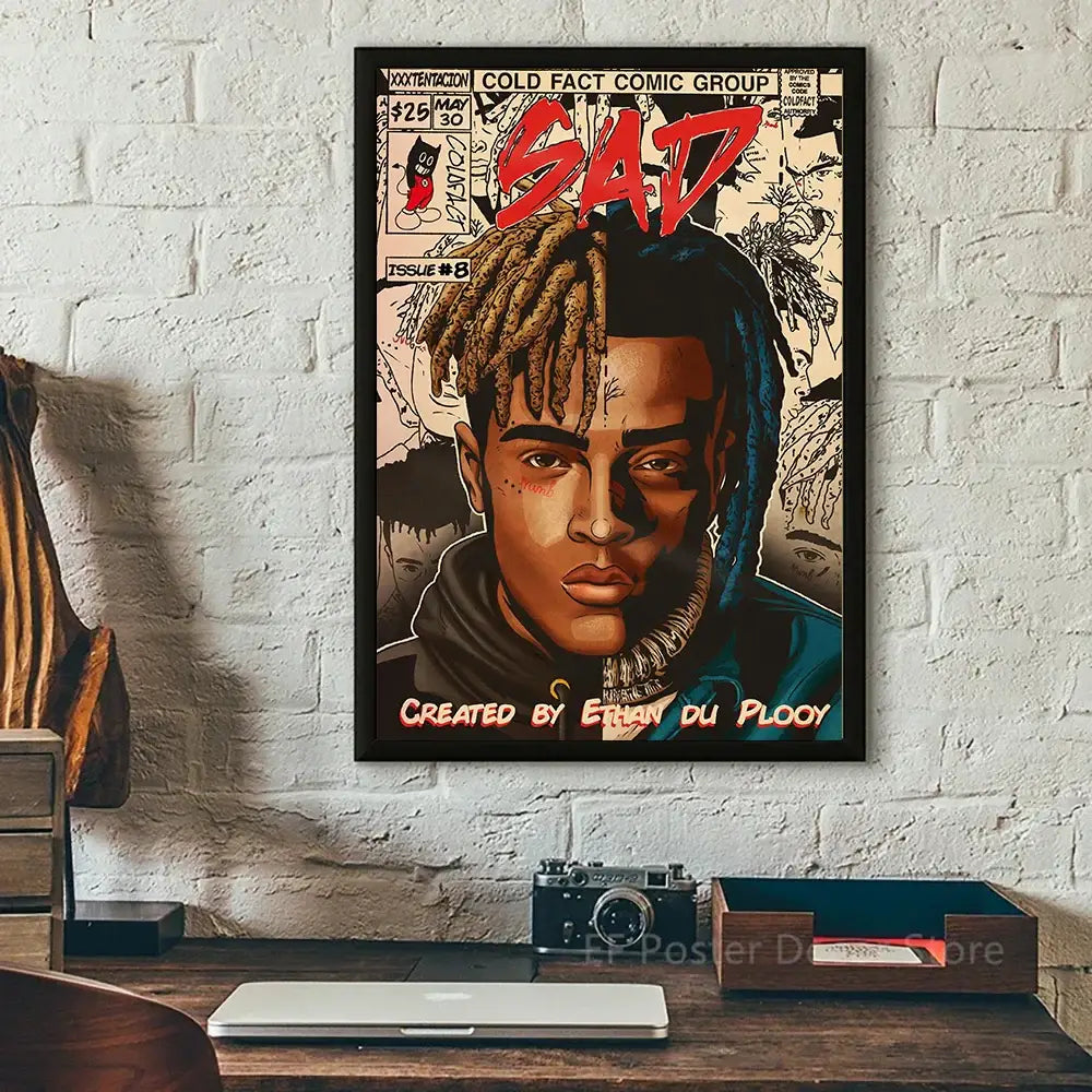 A framed decorbites™ retro canvas print of hip hop singer xxxtentacion with dreadlocks and bold red sad lettering