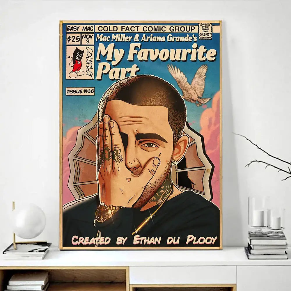 A framed DecorBites retro canvas print of hip hop singer Mac Miller with tattoos against a blue sky background