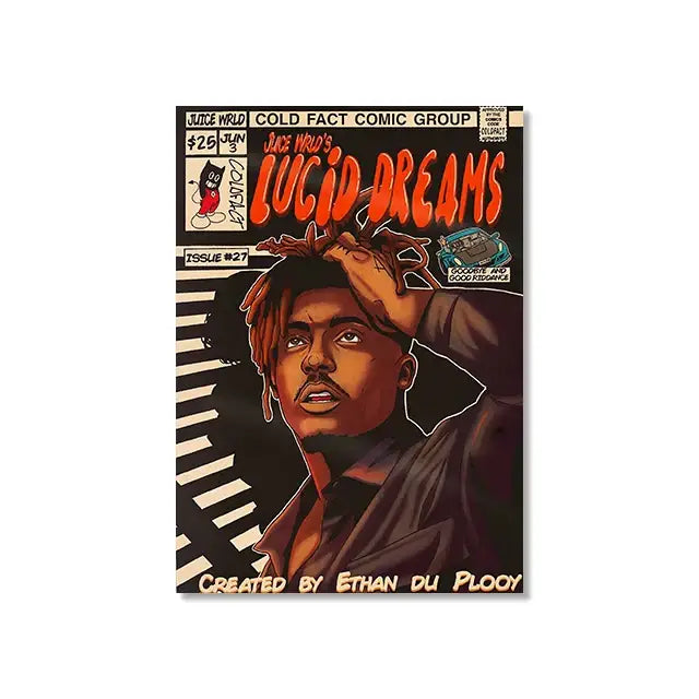 Decorbites™ retro canvas print featuring juice wrld lucid dreams hip hop singer cover with orange lettering