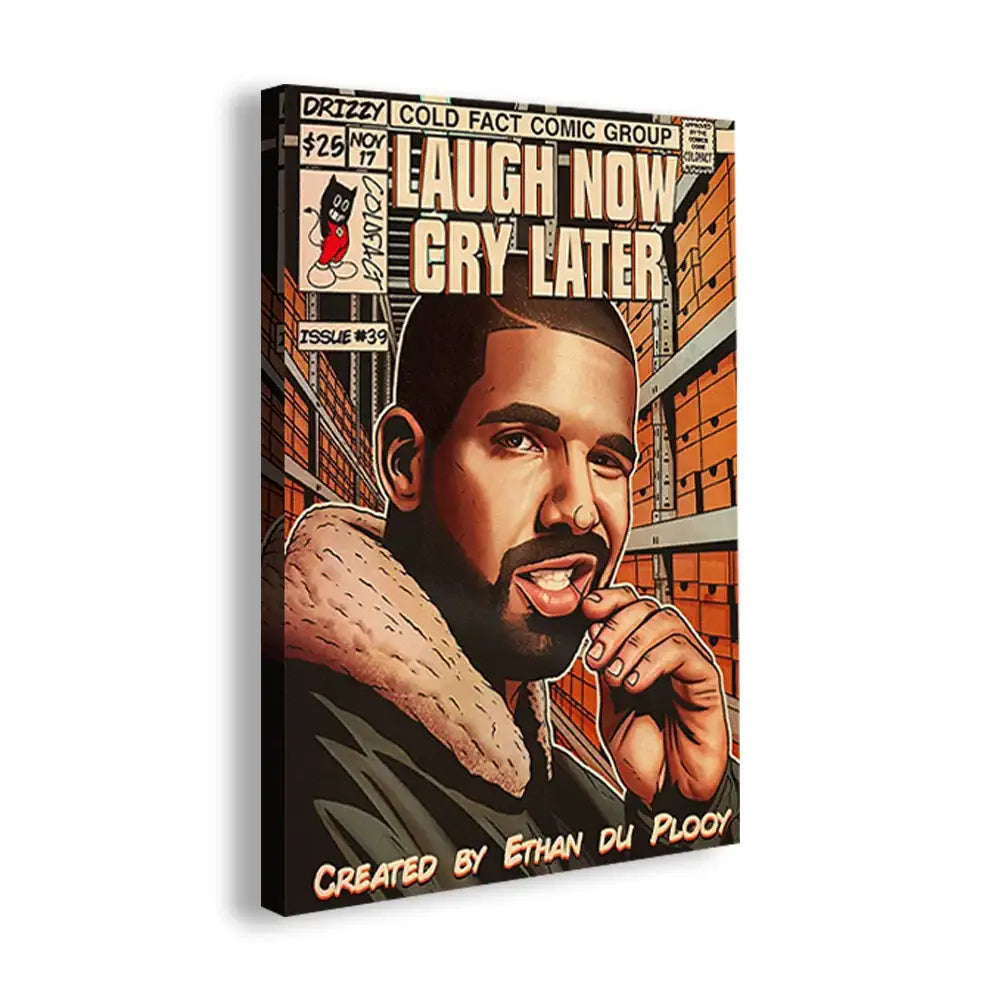 Decorbites™ retro canvas print featuring hip hop singer drake in black jacket against orange warehouse backdrop