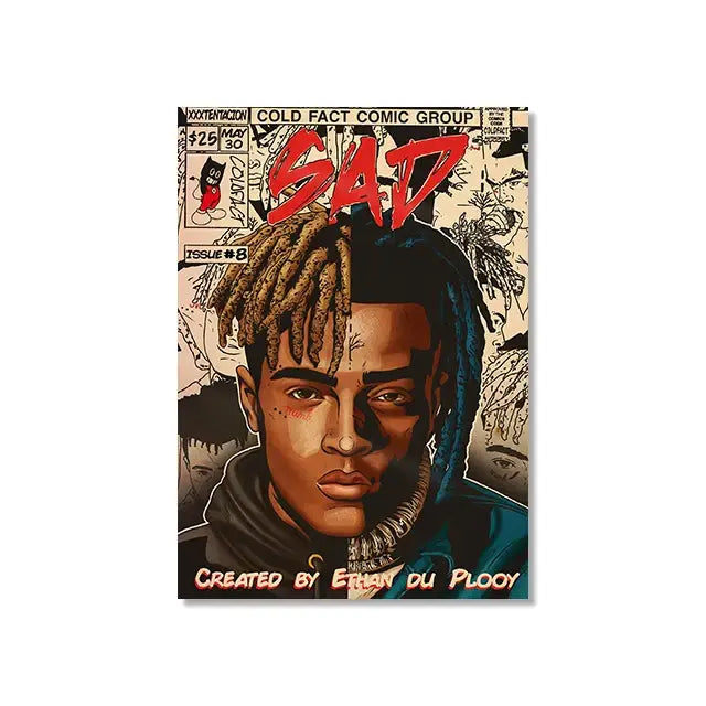 Decorbites™ retro canvas print featuring a stylized hip hop singer xxxtentacion portrait in sepia and teal tones