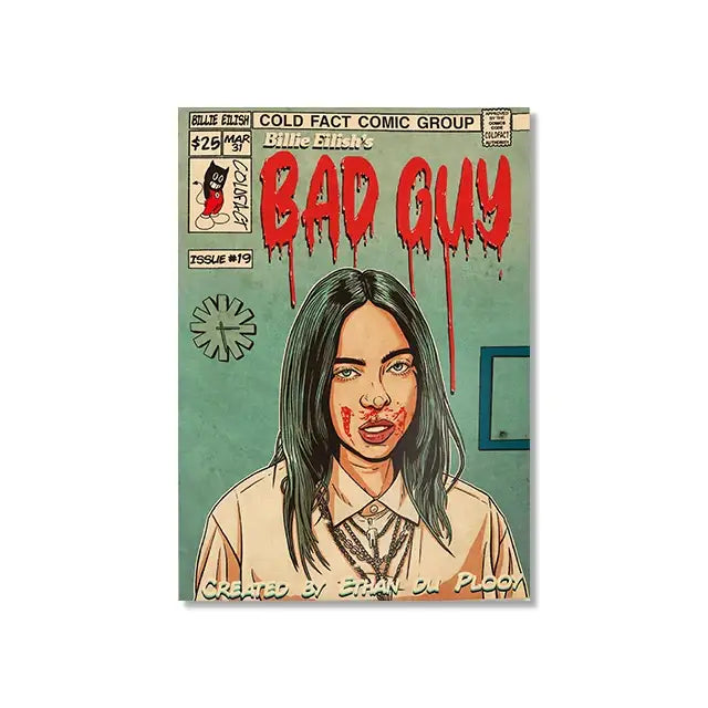 Decorbites™ retro canvas print featuring billie eilish with bold red bad guy lettering in vintage hip hop singer style