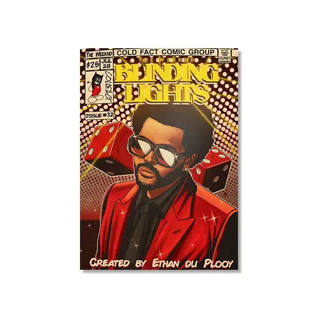 Decorbites™ retro canvas print of a vibrant red jacketed hip hop singer the weeknd comic book cover with bold yellow lettering and dice graphics