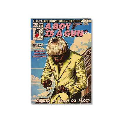 DecorBites™ retro canvas print of a vibrant hip hop singer comic cover with a man in a yellow suit against blue sky