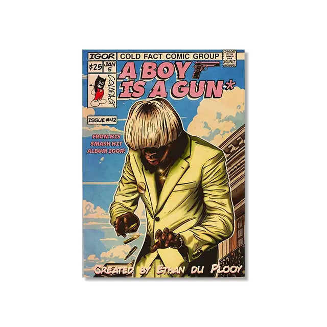DecorBites™ retro canvas print of a vibrant hip hop singer comic cover with a man in a yellow suit against blue sky