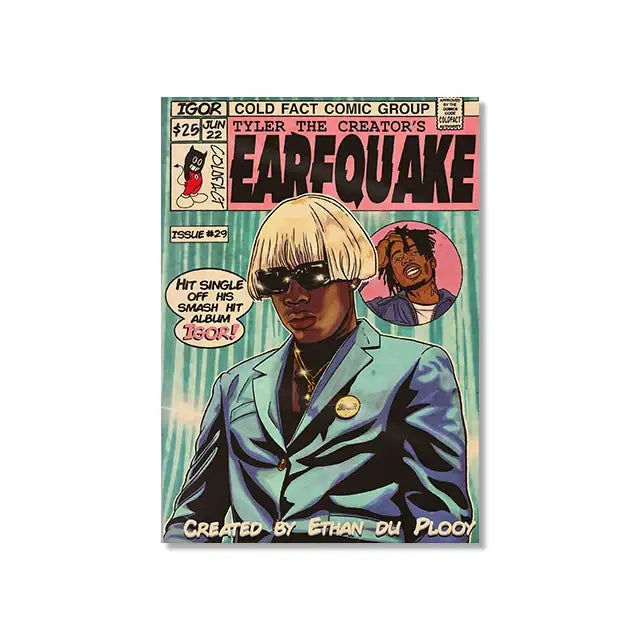 A vibrant decorbites™ retro canvas print featuring hip hop singer Tyler the Creator in a teal blazer with blonde hair and sunglasses