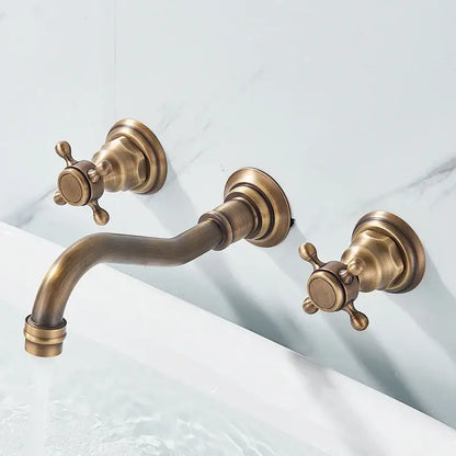 Antique brass DecorBites™ retro color wall mounted bathroom faucet with dual cross handles and curved spout