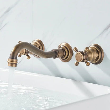 Antique brass DecorBites™ retro color wall mounted bathroom faucet with dual handles and curved spout